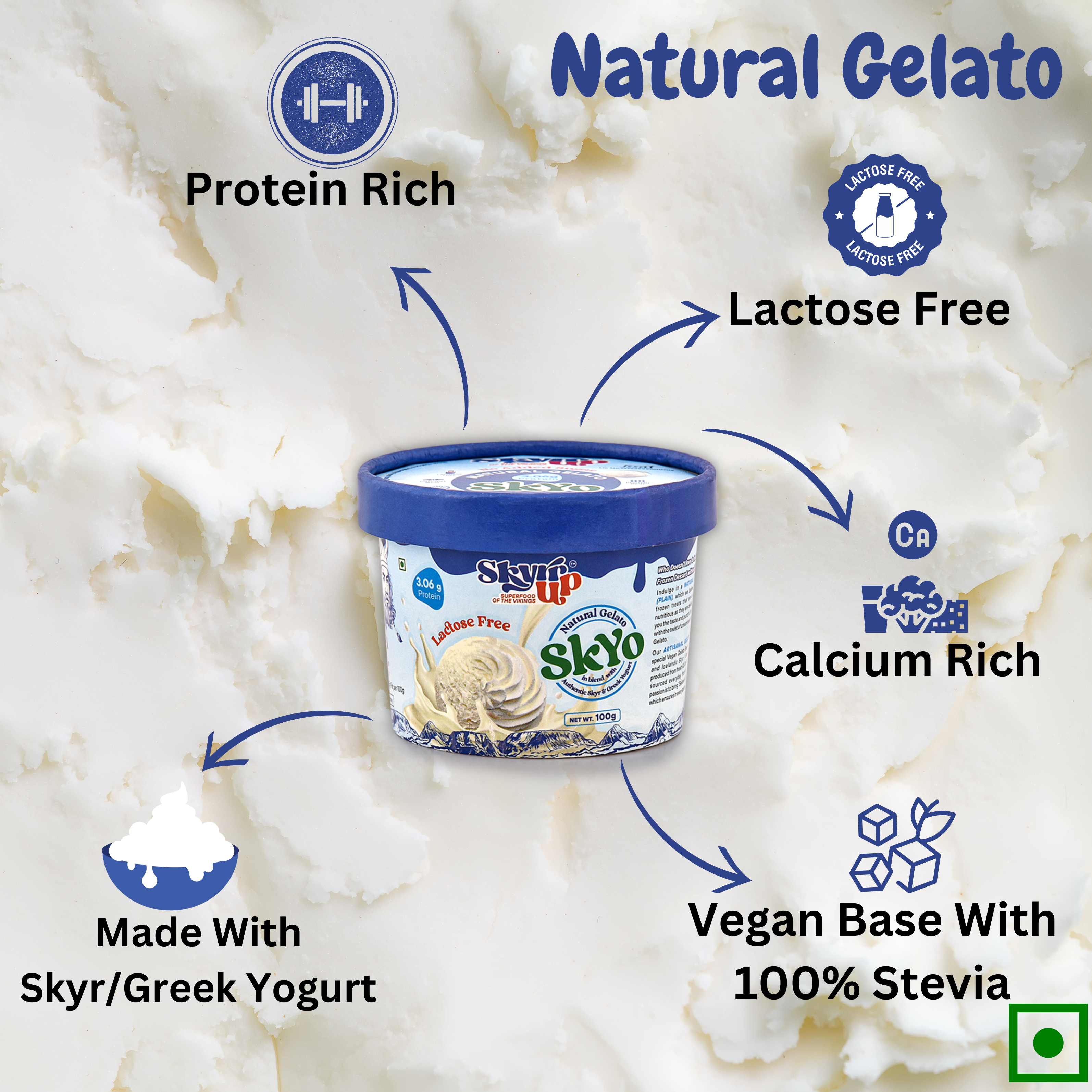 Natural Gelato( (Made From A2 Milk) - Gelato 100g Nutritional Value, No added Sugar, Lactose Free, Calcium Rich, Made With Skyr/Greek Yogurt, Protein Rich, Vegan Base With 100% Stevia