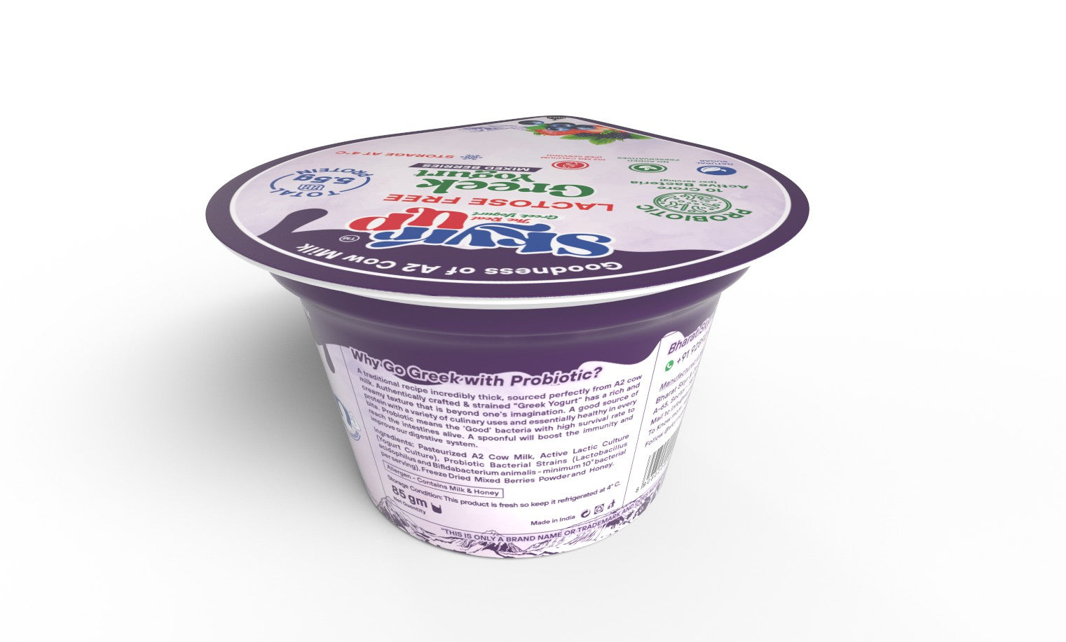 Greek Yogurt - 85gm - Mixed Berries (Made From A2 Cow Milk) - Probiotic, 5.5gm Protein, Zero Preservatives, Lactose Free