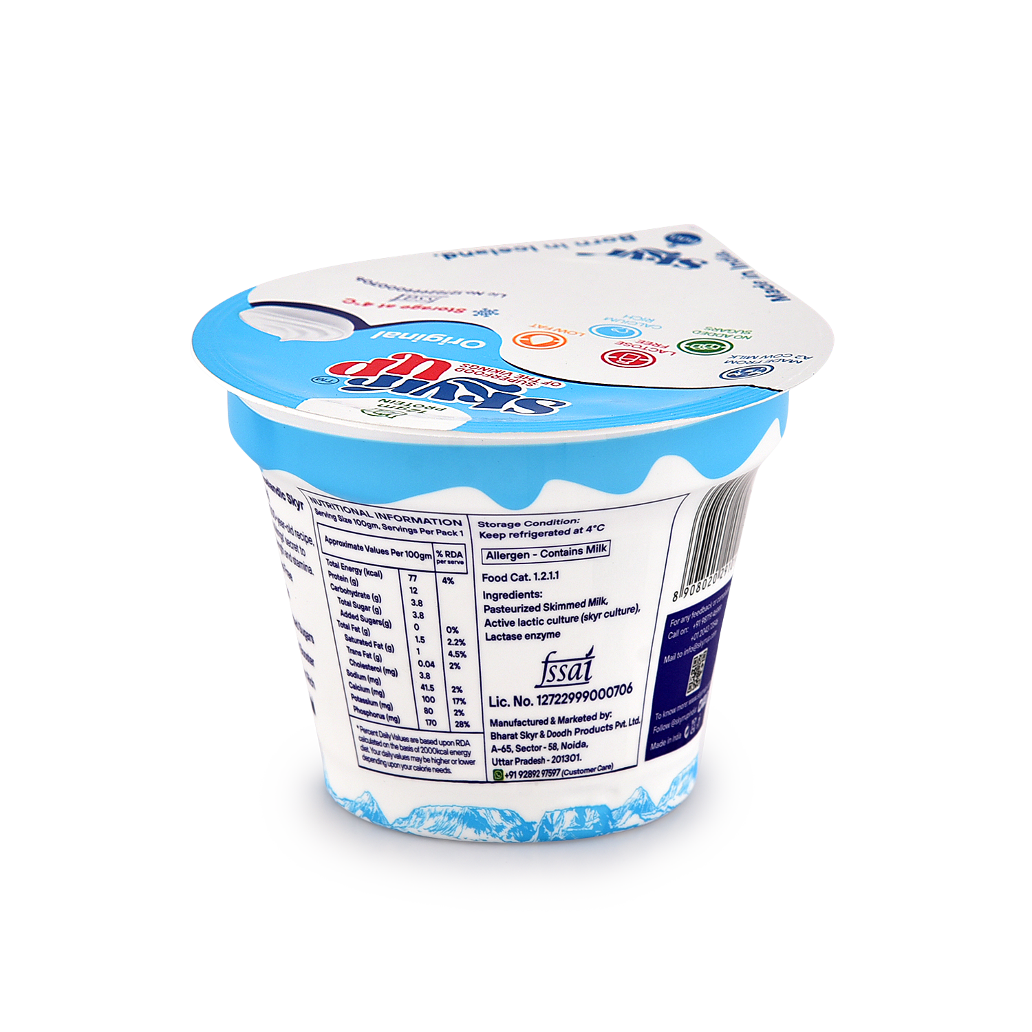 Skyr - Original (Made From A2 Milk) – No Added Sugar, 12gm Protein, Zero Preservatives, Low Fat & Lactose Free – Skyrrup – 100gm – Pack of 6