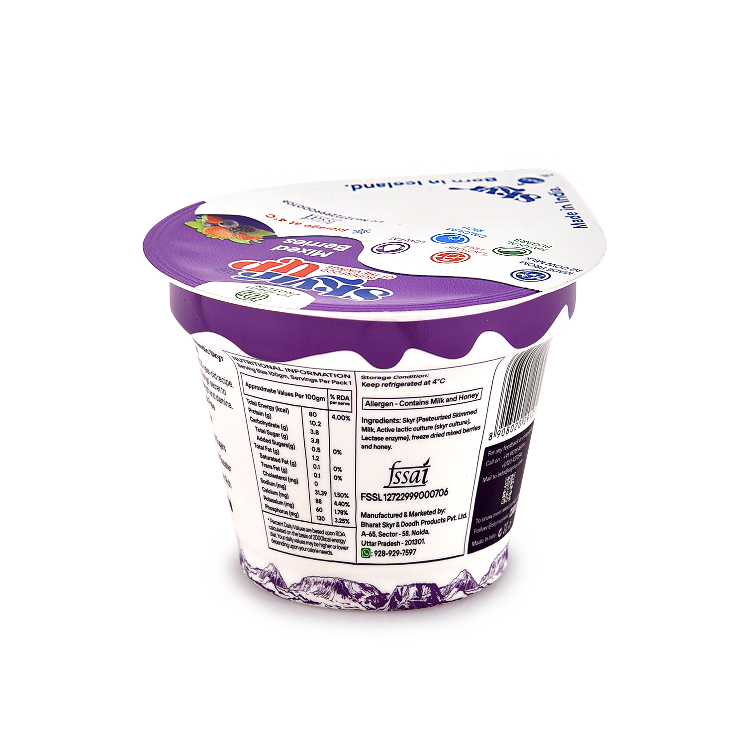 Skyr - Mixed Berries (Made From A2 Milk) – No Added Sugar, 10gm Protein, Zero Preservatives, Low Fat & Lactose Free – Skyrrup – 100gm – Pack of 6