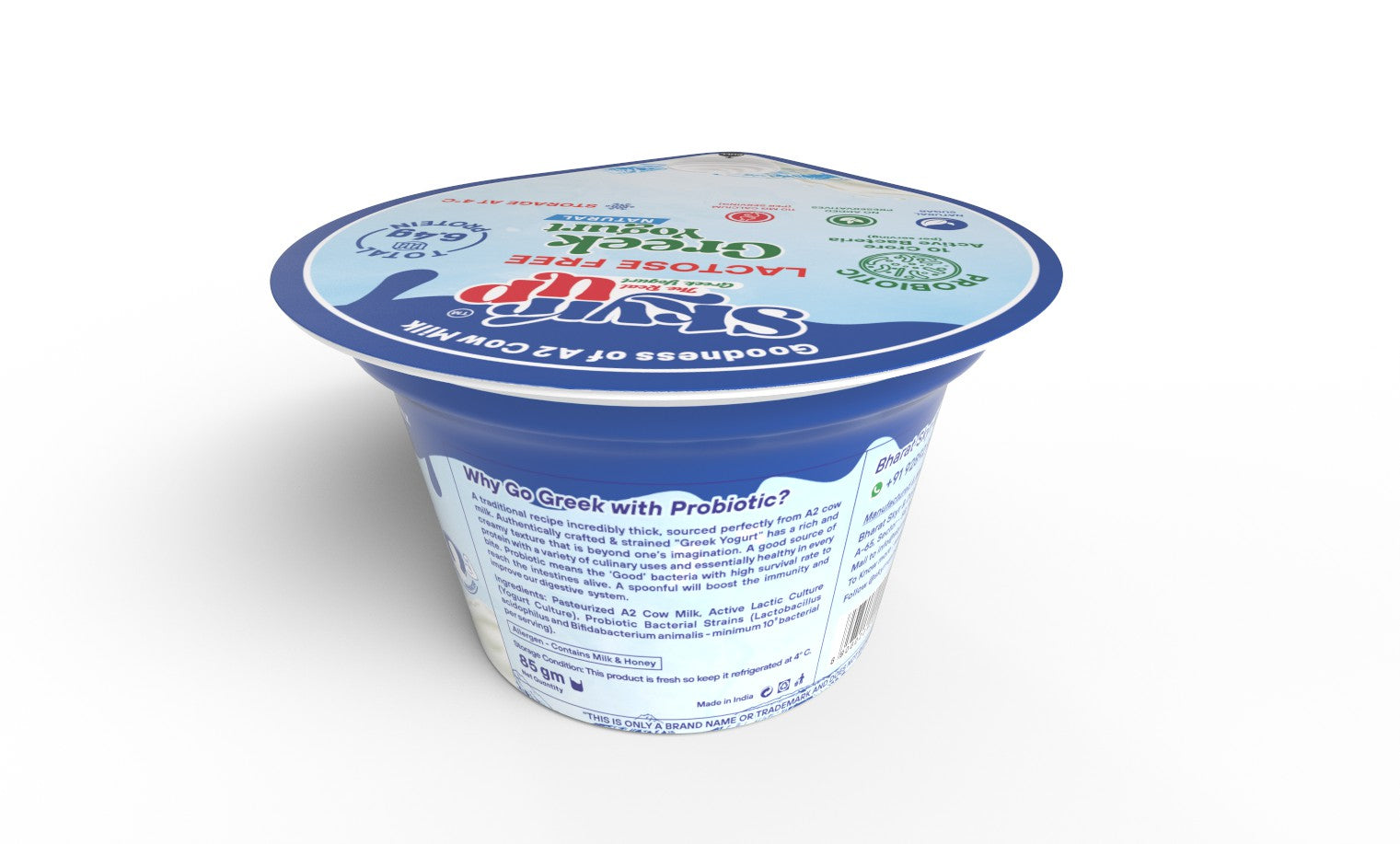Greek Yogurt - 85gm - Natural (Made From A2 Cow Milk) - Probiotic, 6.4gm Protein, Zero Preservatives, Lactose Free