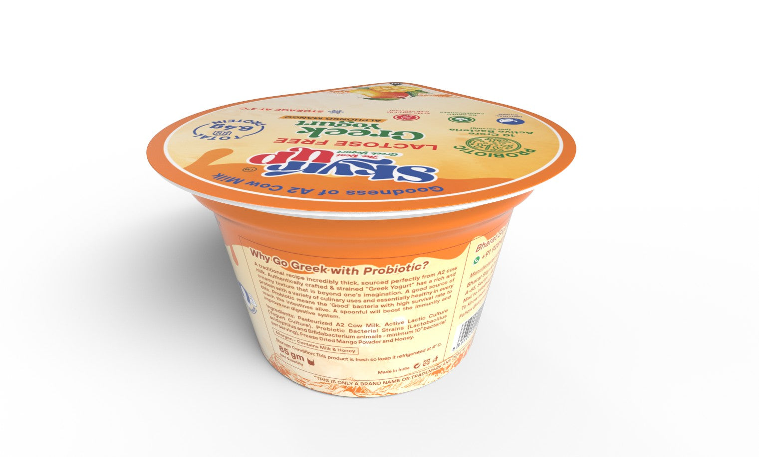 Greek Yogurt - 85gm - Mango (Made From A2 Cow Milk) - Probiotic, 6.4gm Protein, Zero Preservatives, Lactose Free