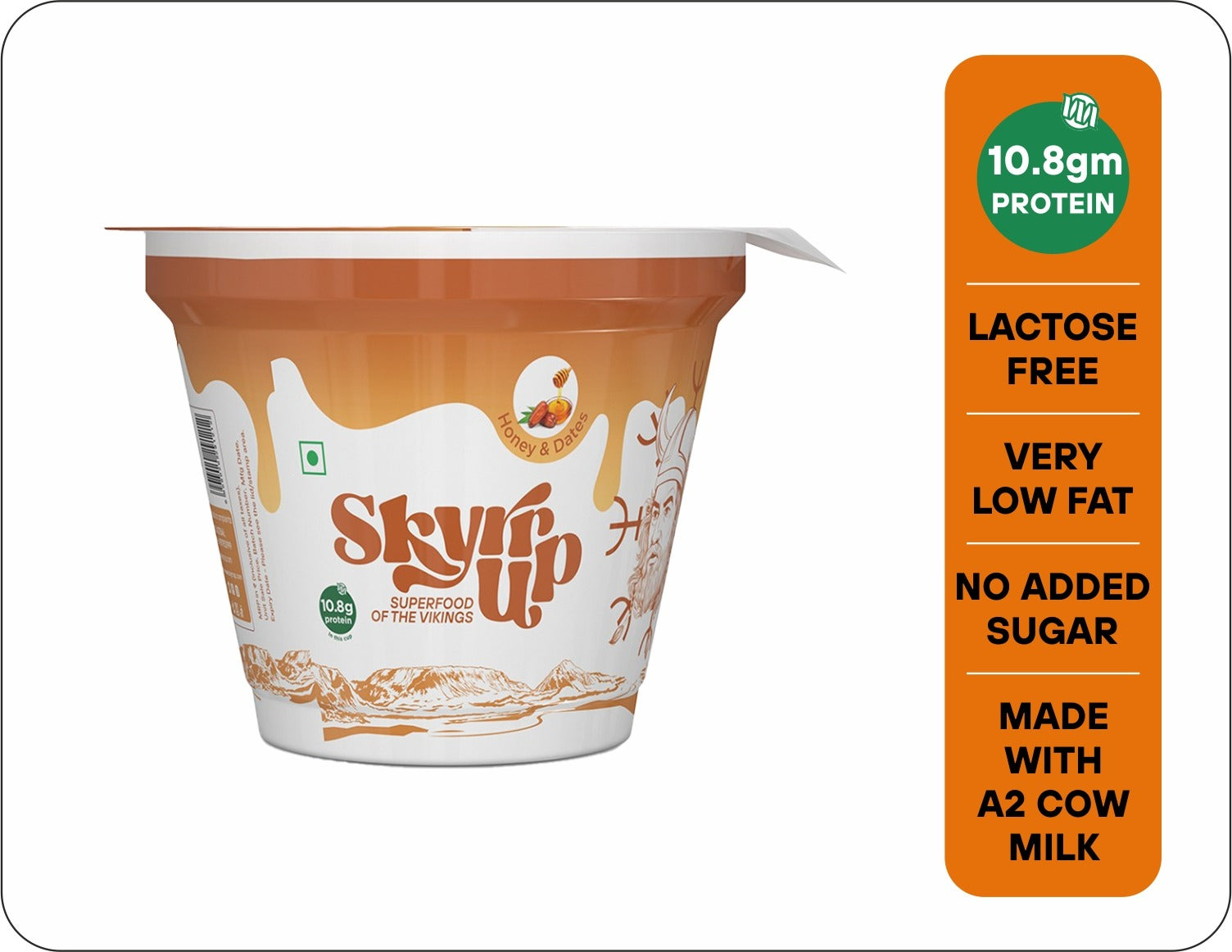 Skyr - Honey & Dates (Made From A2 Milk) – No Added Sugar, 10gm Protein, Zero Preservatives, Low Fat & Lactose Free – Skyrrup – 100gm – Pack of 6