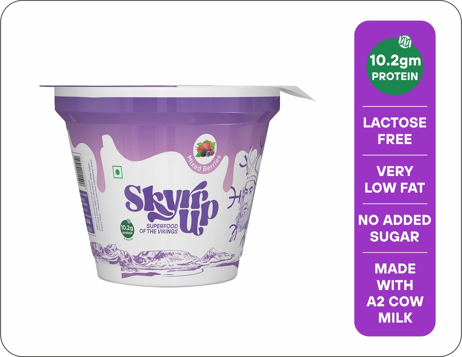 Skyr - Mixed Berries (Made From A2 Milk) – No Added Sugar, 10gm Protein, Zero Preservatives, Low Fat & Lactose Free – Skyrrup – 100gm – Pack of 6