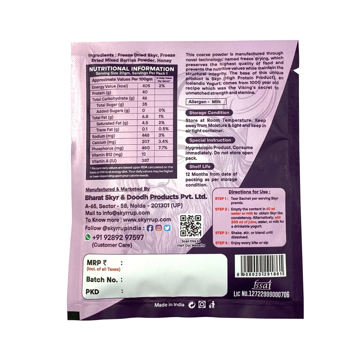 Skyr - Pre Mix  Mix Berries (Pack of 3) - 20g each
