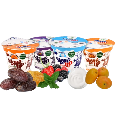 Skyr  - 1pc Original, 2pc Mixed Berries, 1pc Honey & Dates, 2pc Alphonso Mango (Made from A2 Milk), No Added Sugar, 10-12gm Protein, Zero Preservatives, Low Fat & Lactose Free - Skyrrup - 100gm - Pack of 6 (Assorted)