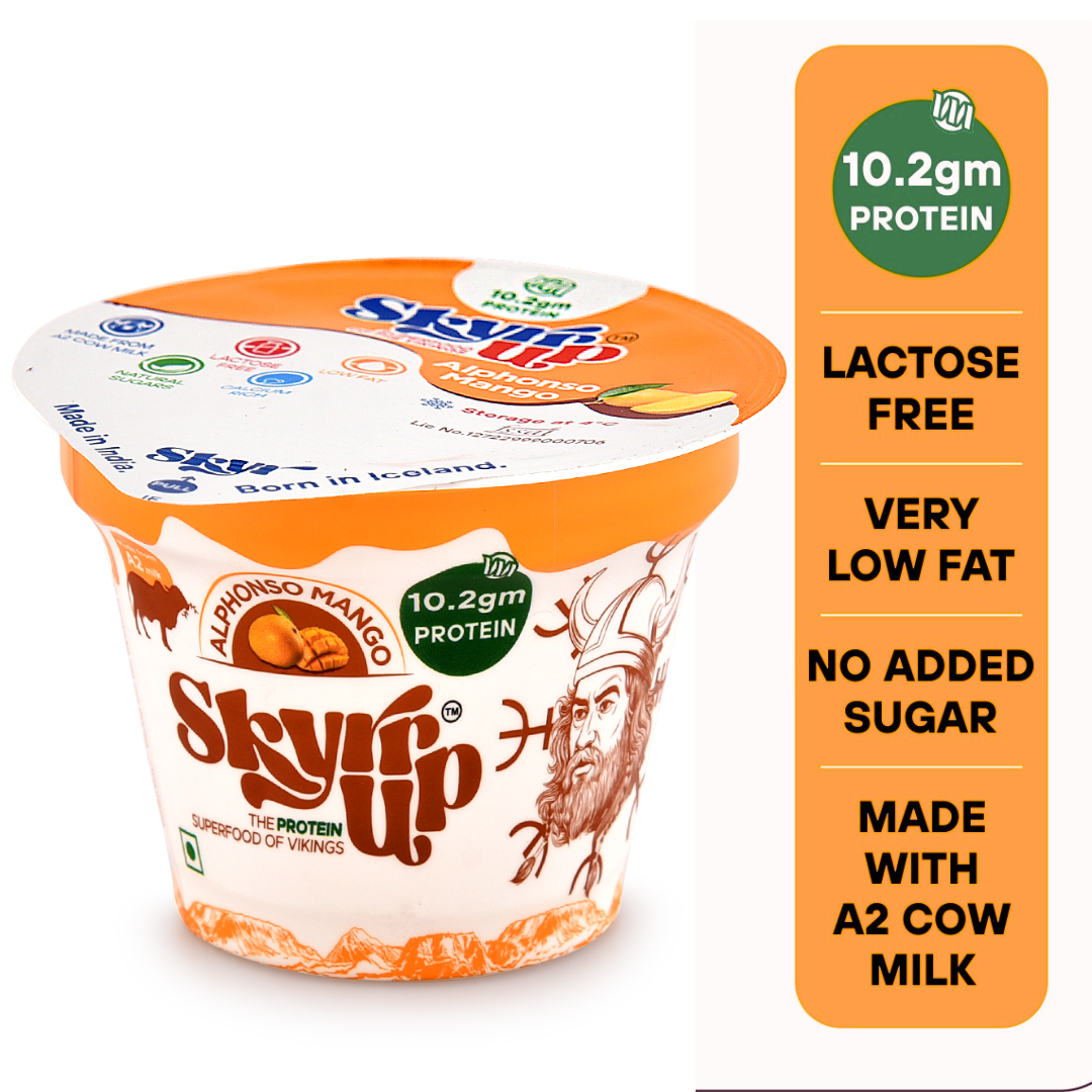 Skyr  - 1pc Original, 2pc Mixed Berries, 1pc Honey & Dates, 2pc Alphonso Mango (Made from A2 Milk), No Added Sugar, 10-12gm Protein, Zero Preservatives, Low Fat & Lactose Free - Skyrrup - 100gm - Pack of 6 (Assorted)