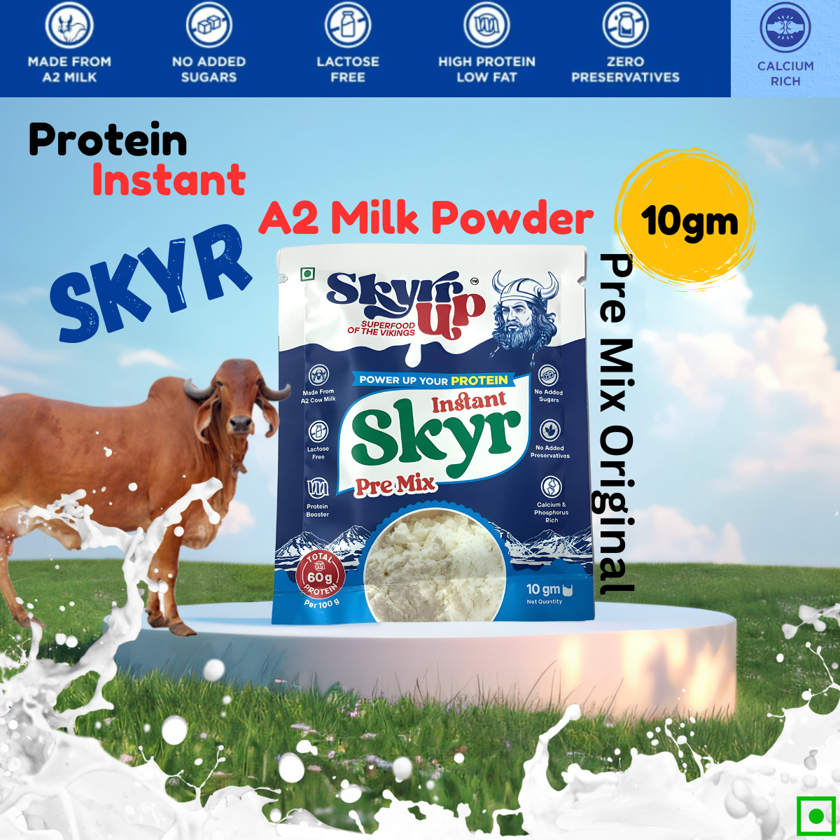 Skyr- Pre Mix Original (Made From A2 Milk)  No Added Sugar, 6gm Protein in 10g pack, Zero Preservatives & Lactose Free – Skyrrup – pack of 6 - 10gm