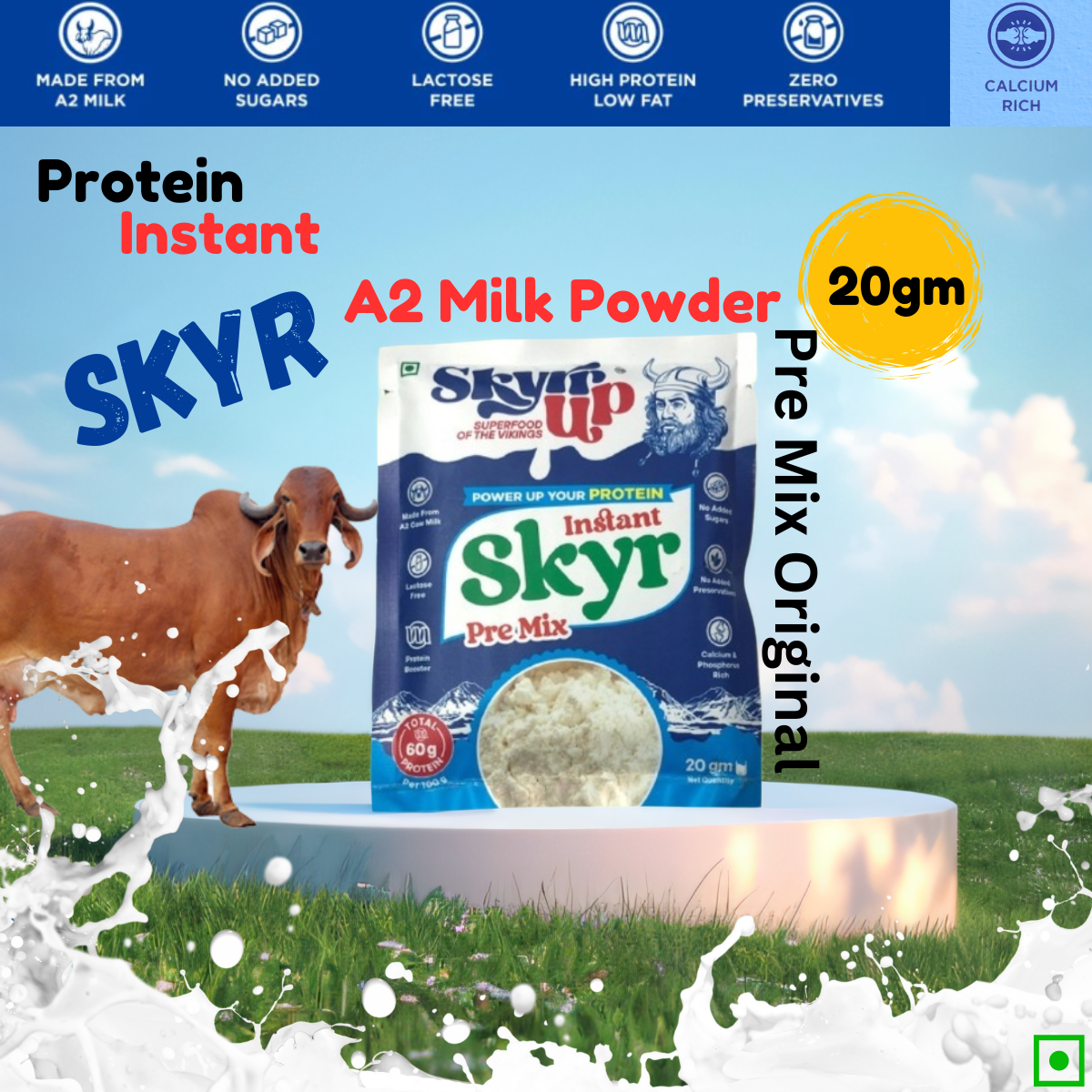 Skyr- Pre Mix Original (Made From A2 Milk)  No Added Sugar, 6gm Protein in 10g pack, Zero Preservatives & Lactose Free – Skyrrup - pack of 3 - 20gm