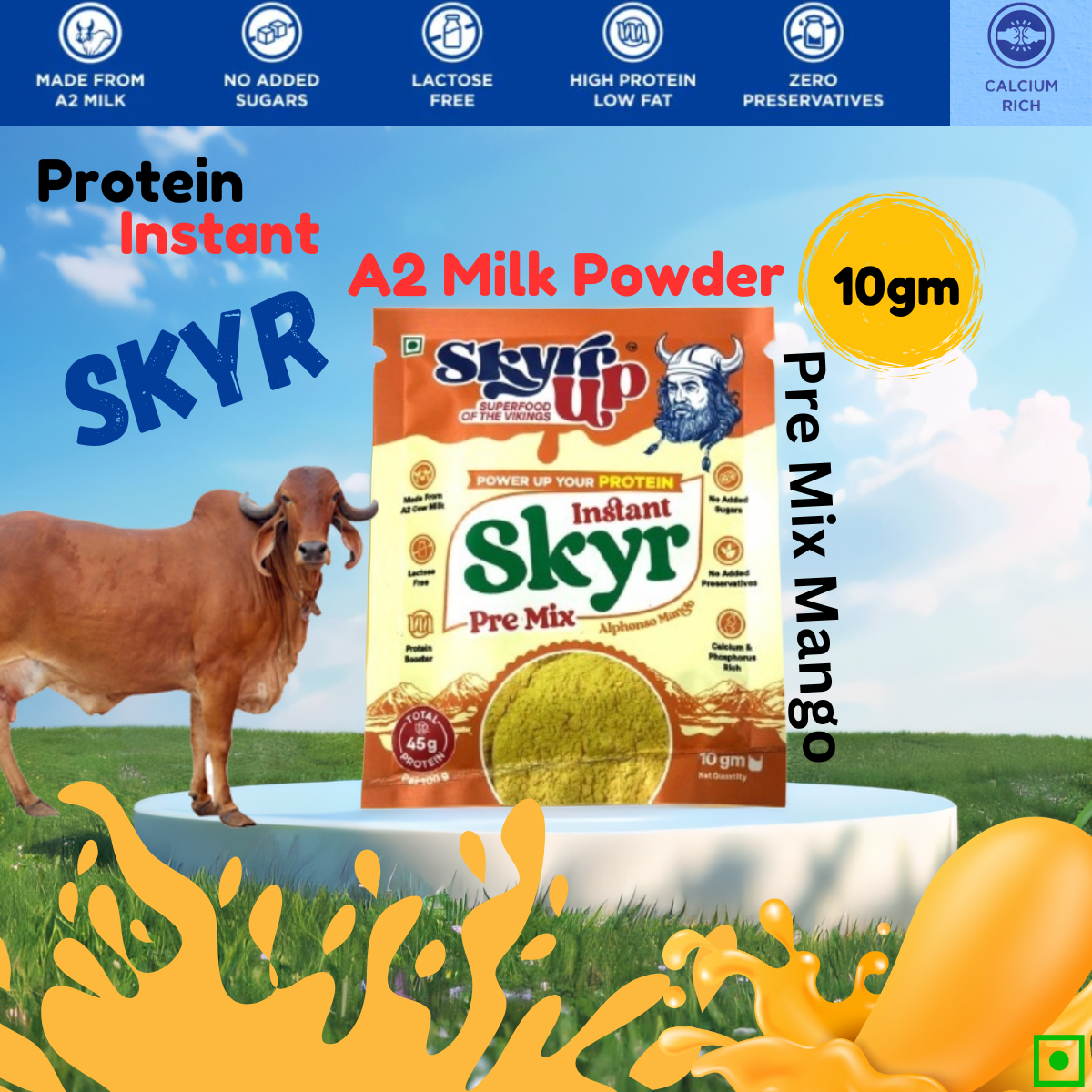 Skyr - Pre Mix Alphonso Mango (Made From A2 Milk) – No Added Sugar, 4.5gm Protein in 10g pack, Zero Preservatives & Lactose Free – Skyrrup - Pack of 6 - 10gm