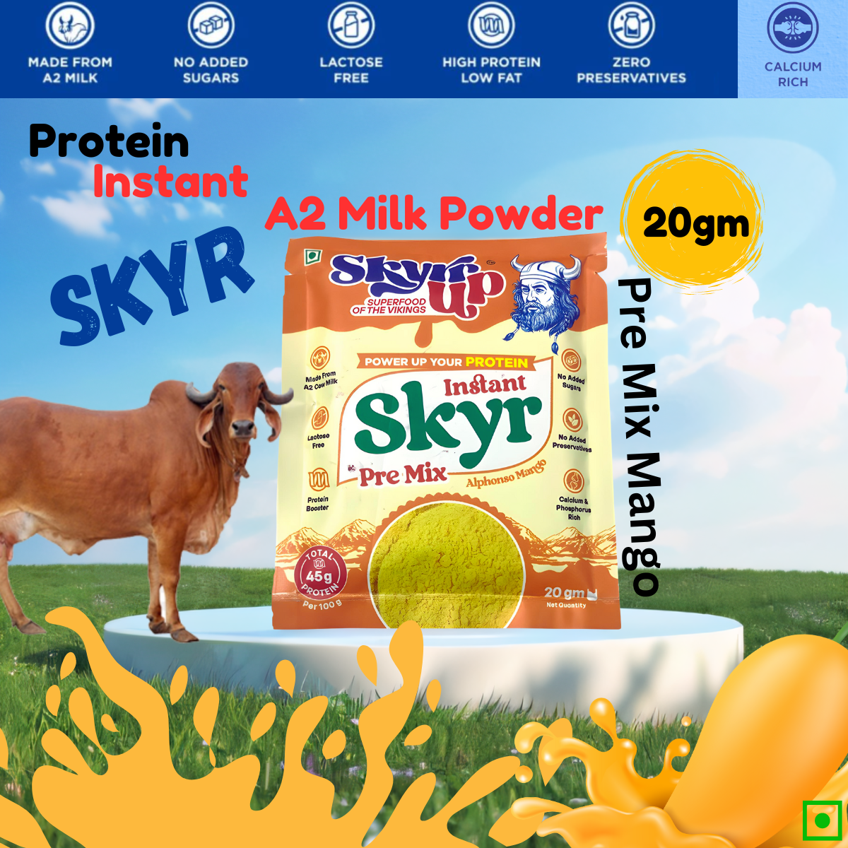 Skyr - Pre Mix Alphonso Mango (Made From A2 Milk) – No Added Sugar, 9gm Protein in 20g pack, Zero Preservatives & Lactose Free – Skyrrup  - Pack of 3 - 20gm